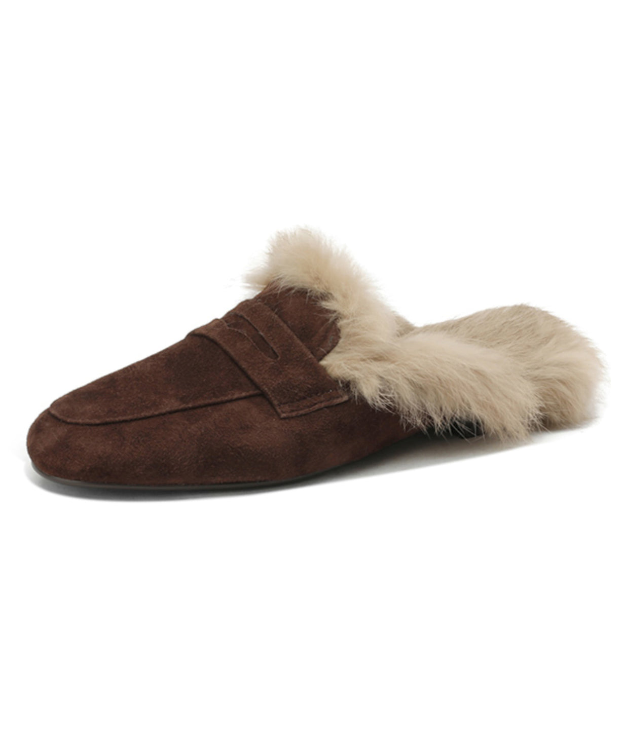 Französische braune Wildleder-Spleiß-Hausschuhe, flauschige Wolle gefüttert, YC011