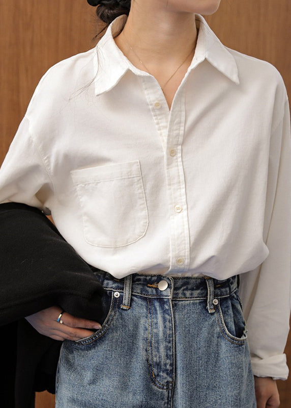 Französische Karamell-Knopftaschen-Patchwork-Baumwollbluse Herbst TU019