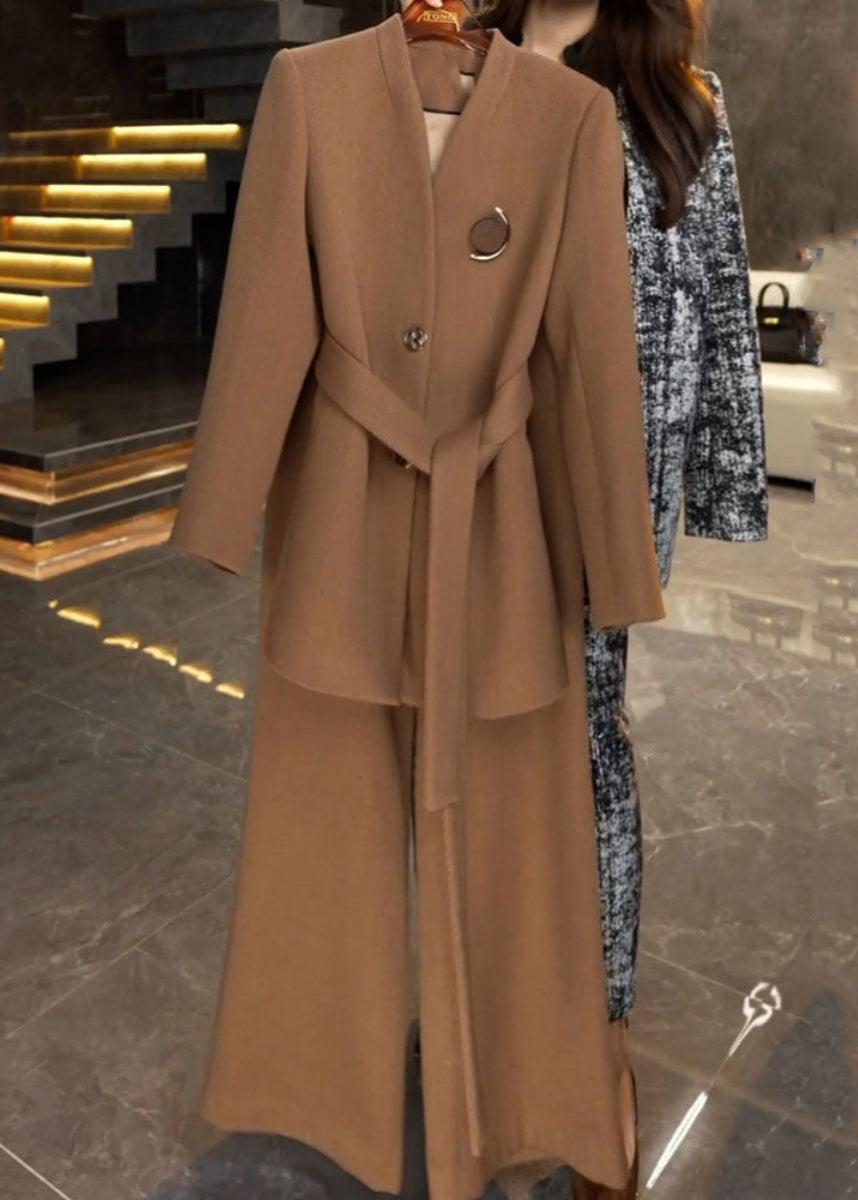 French Caramel Taillenmäntel mit Krawatte und Hose mit weitem Bein, zweiteiliges Set, Winter RF045