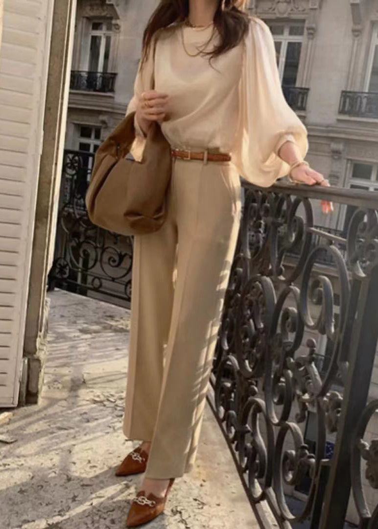 Silk Lantern Draping Sleeve French Blouses Champagne Sheer