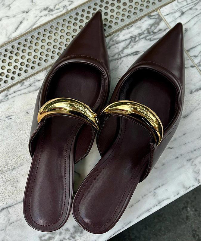 French Chocolate Faux Leather Splicing Slide Sandals Pointed Toe AH775