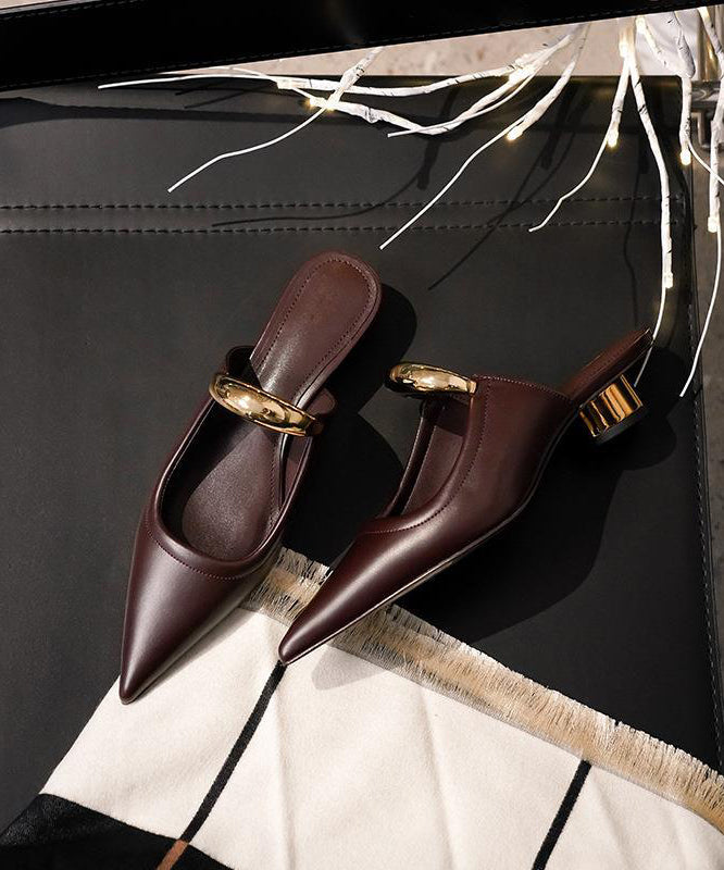 French Chocolate Faux Leather Splicing Slide Sandals Pointed Toe AH775