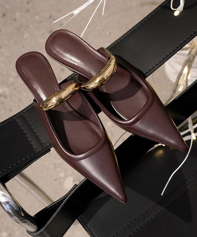 French Chocolate Faux Leather Splicing Slide Sandals Pointed Toe AH775