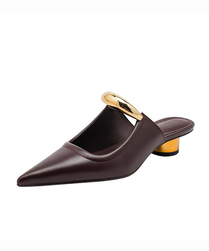 French Chocolate Faux Leather Splicing Slide Sandals Pointed Toe AH775