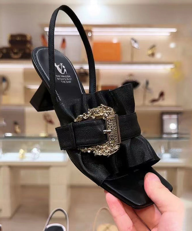 Sandales à talons épais à bout ouvert en cuir de vachette noir OI079