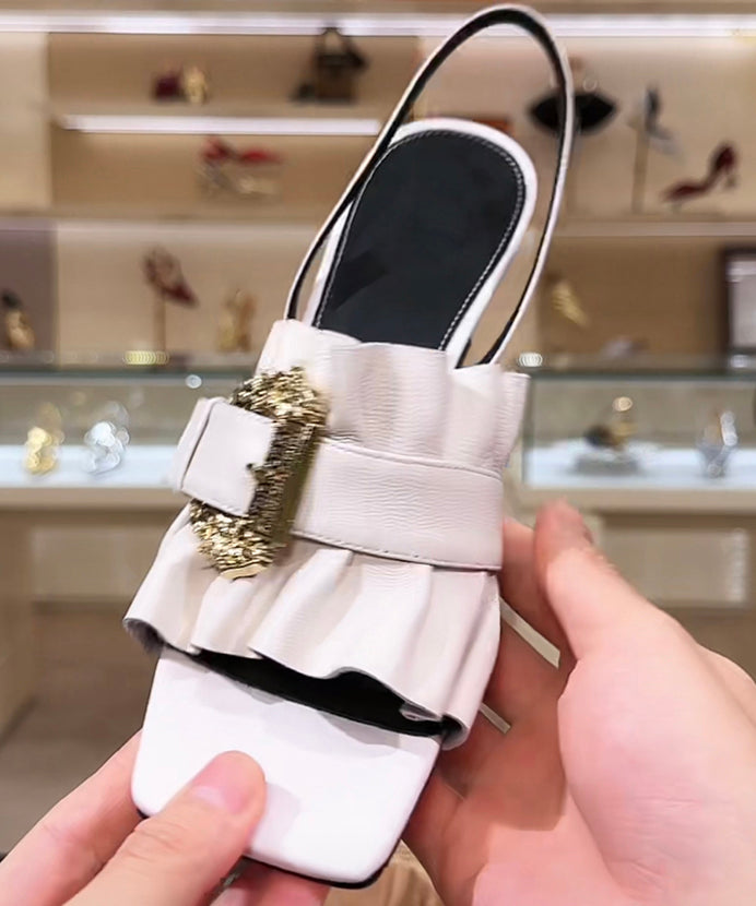 Sandales à talons épais à bout ouvert en cuir de vachette noir OI079