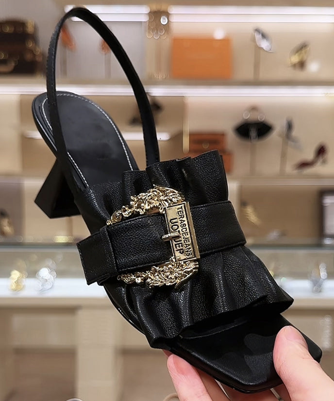 Sandales à talons épais à bout ouvert en cuir de vachette noir OI079