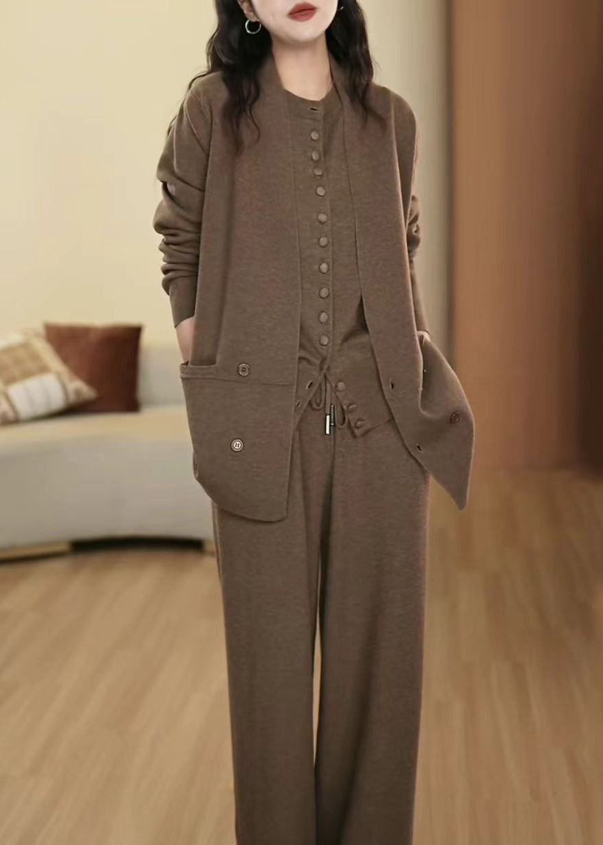 French Coffee Knopftaschen Elastische Taille Wolle Dreiteiliges Set Winter RF025