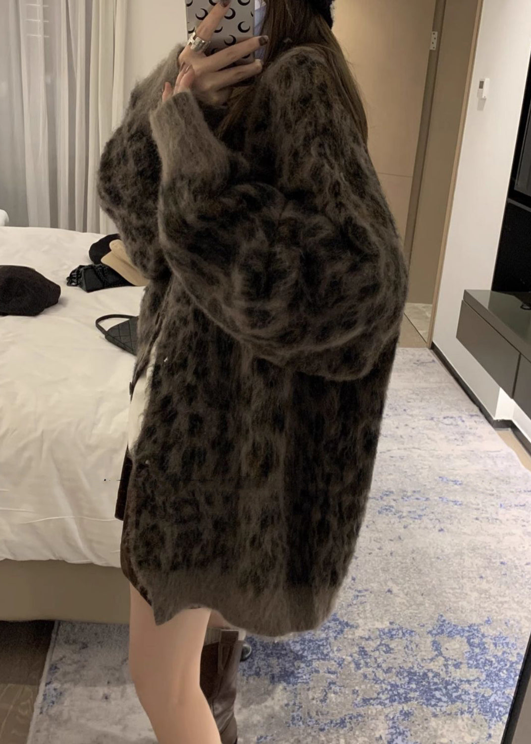 French Coffee O Neck Leopard Print Button Strick-Cardigans Frühling TN033