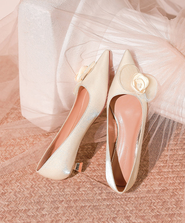 Champagne Toe Pointed Heels Floral Splicing French Kitten