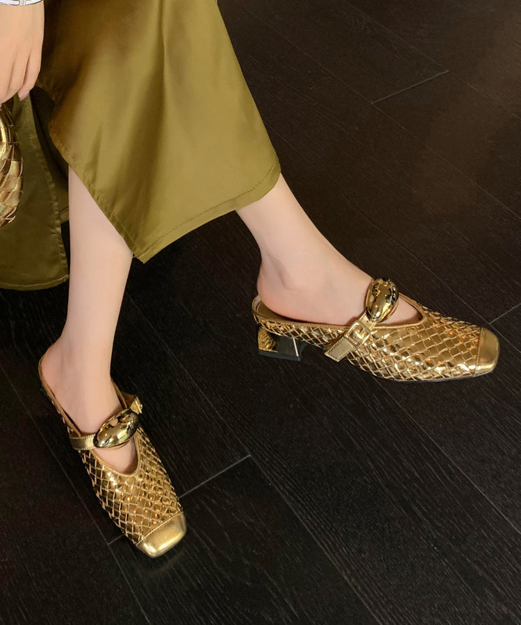 Sandales à enfiler épaisses à bout carré et épissures dorées françaises OM017