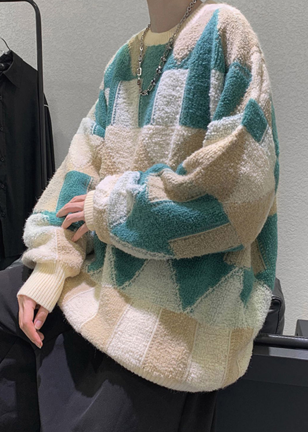 Französischer grüner O-Ausschnitt, dicker Baumwollstrickpullover für Herren, Winter, QF033