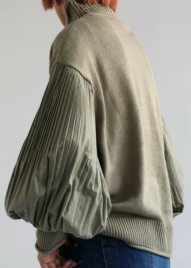 Französischer grüner Rollkragenpullover mit Patchwork-Strick und Laternenärmeln TF012