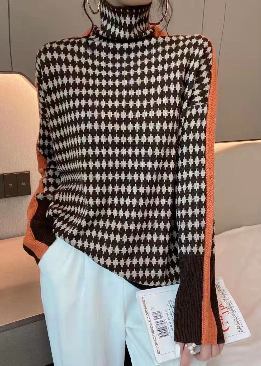 Französischer grüner Rollkragenpullover mit Patchwork-Muster, Strickmäntel, Frühling, TF041