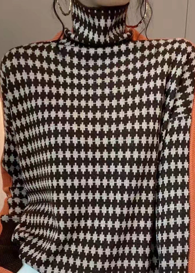 Französischer grüner Rollkragenpullover mit Patchwork-Muster, Strickmäntel, Frühling, TF041