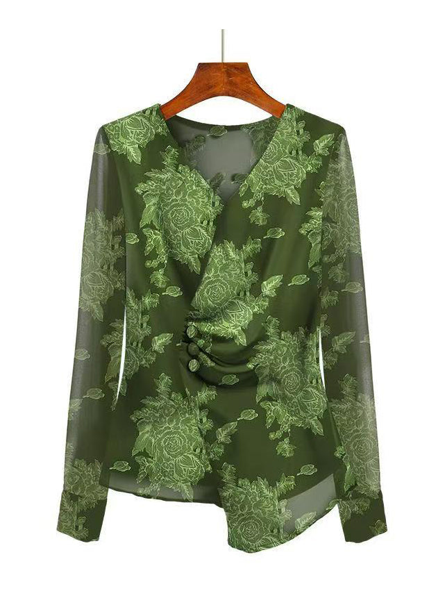 Französisches grünes asymmetrisches Tülltop mit V-Ausschnitt, Herbst AC1014