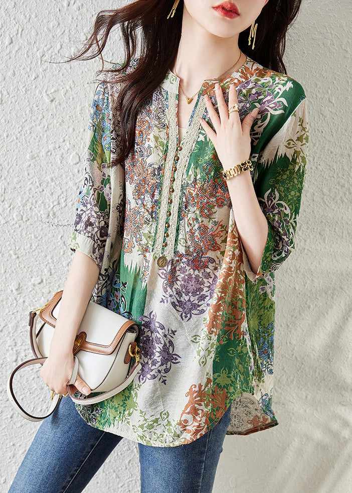 Französische grüne Chiffon-Shirts mit V-Ausschnitt und Print, Sommer TH028