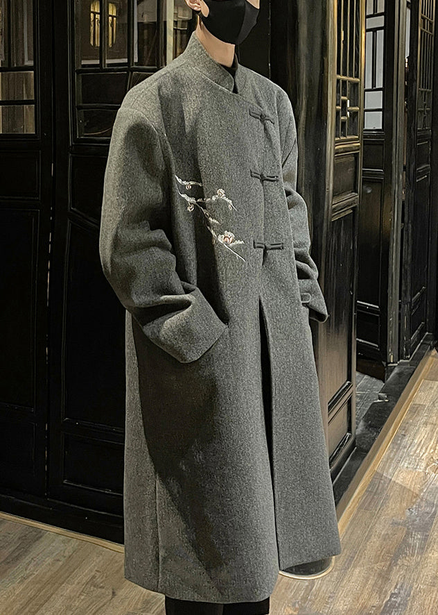 Französischer grauer bestickter Knopf Woll-Trenchcoat für Herren, lang, Winter, RO027