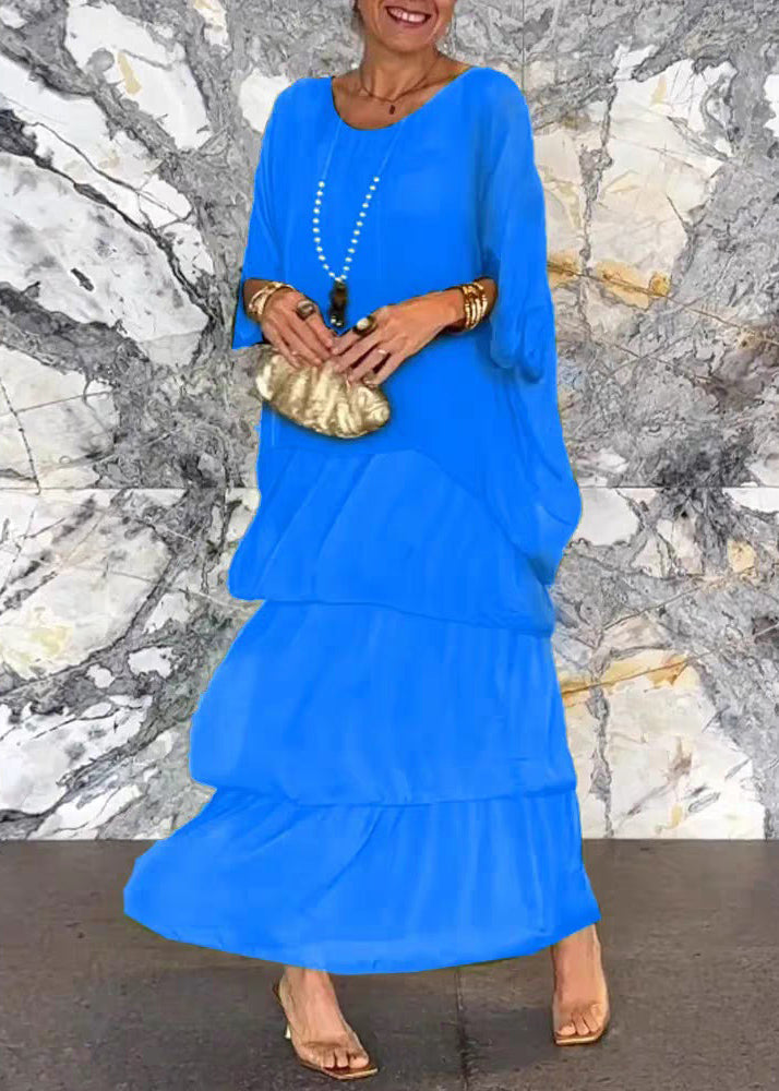 Französisch Grau O Neck Solid Chiffon Kleider Batwing Ärmel QA022