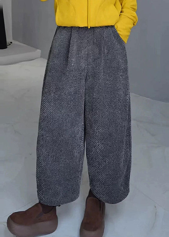 Französische graue Taschen, elastische Taille, warme Fleecehose mit weitem Bein, Frühling YY028