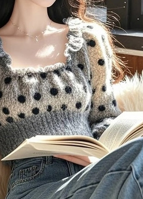 Französischer grauer U-Ausschnitt, gerüschter Punkt-Strickpullover, Frühling, TN035