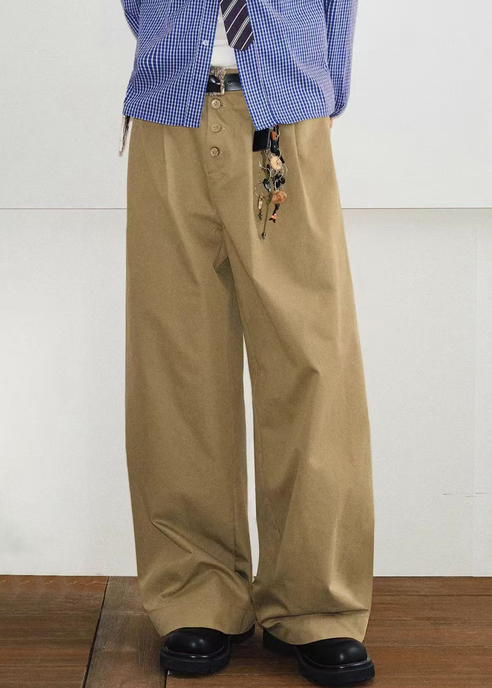 Pantalon d'été kaki à boutons et poches pour homme, style français, en coton uni