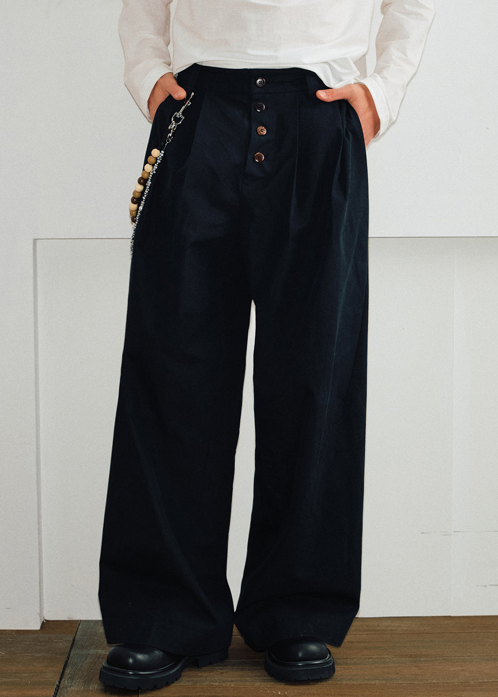 Pantalon d'été kaki à boutons et poches pour homme, style français, en coton uni
