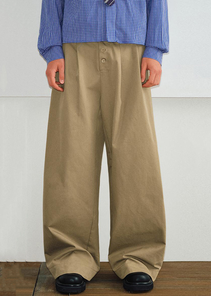 Pantalon d'été kaki à boutons et poches pour homme, style français, en coton uni