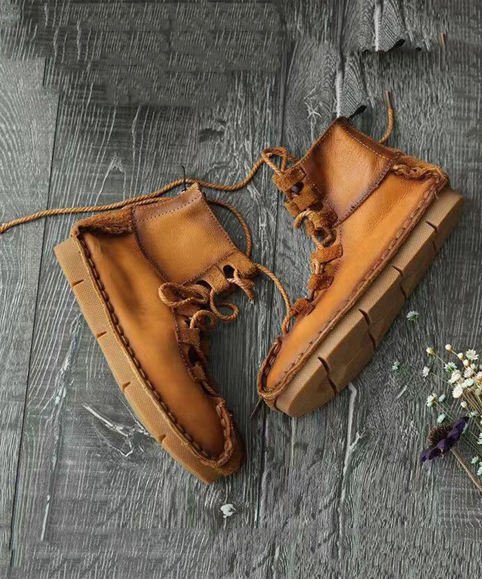 French Khaki Hollow Out Lace Up Cowhide Leather Flats Feet Shoes RT1049
