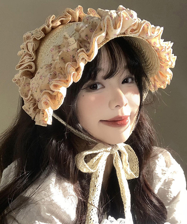 Französischer Khaki-Strohhut mit Rüschen und Patchwork-Spitze WB022