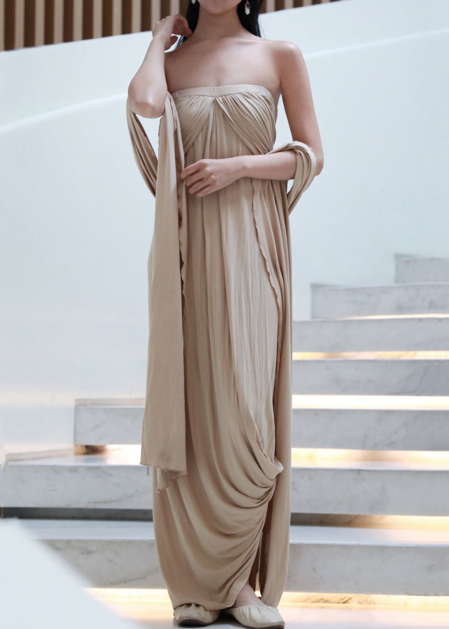 Off Französisch Wrinkled Schulter Kleider Baumwolle Khaki Lange Die