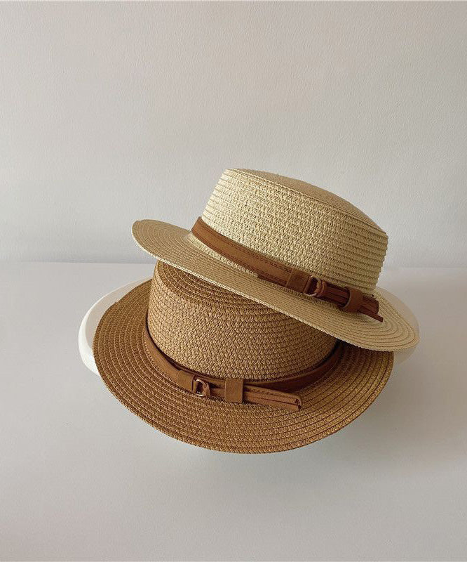 Hat Flat Cloche Sun French Straw Top Woven Khaki