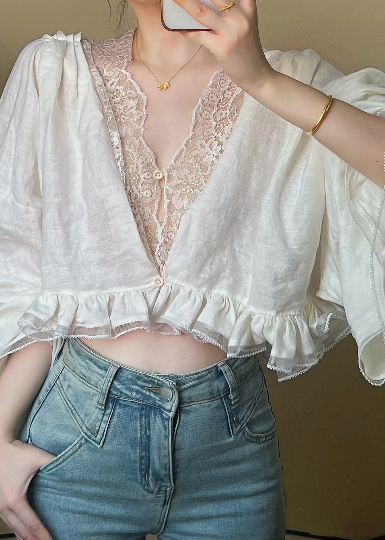 Französische Spitze Patchwork Rüschen Rand Kurzes Top Herbst WN024