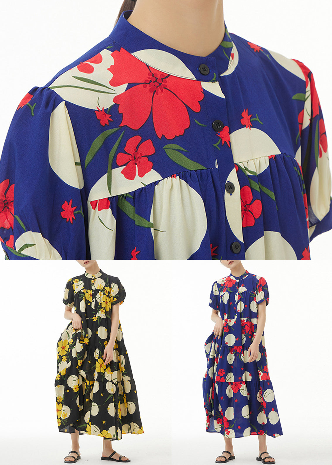 French Navy Button Print Cotton Long Dress Short Sleeve AA1017