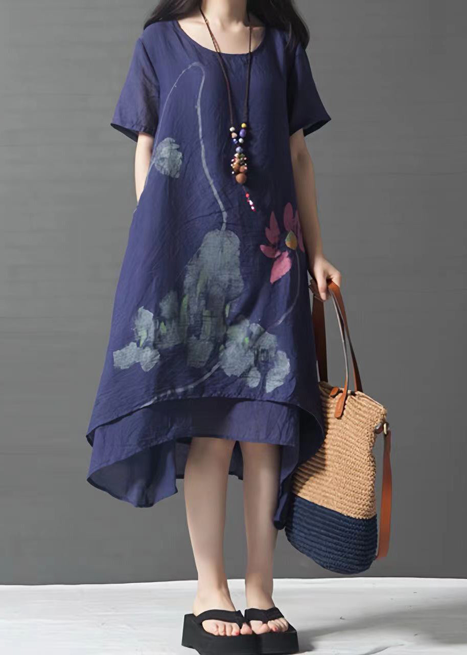Marineblaues, übergroßes Sommerkleid aus französischem Leinen mit Lagenmuster