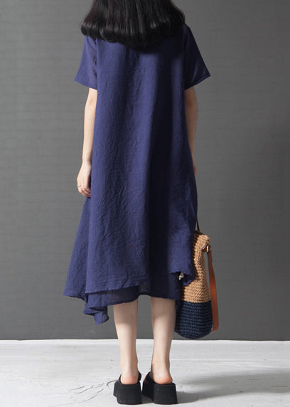 Marineblaues, übergroßes Sommerkleid aus französischem Leinen mit Lagenmuster