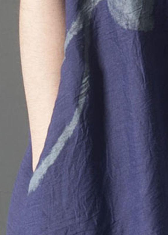 Marineblaues, übergroßes Sommerkleid aus französischem Leinen mit Lagenmuster