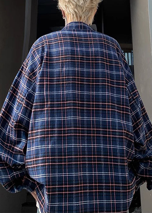 Navy Pockets Plaid Herren Frühlingshemd Französische Baumwolle