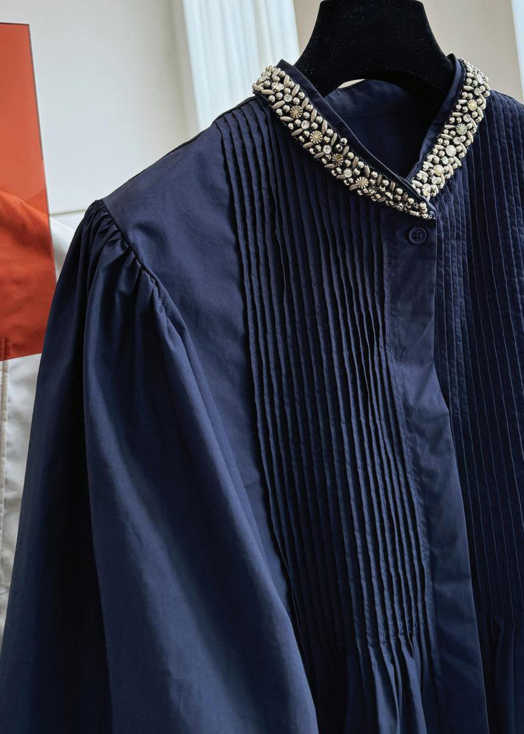 Französische Marine Stehkragen Nagelperlen Baumwollhemden Top Herbst WN023