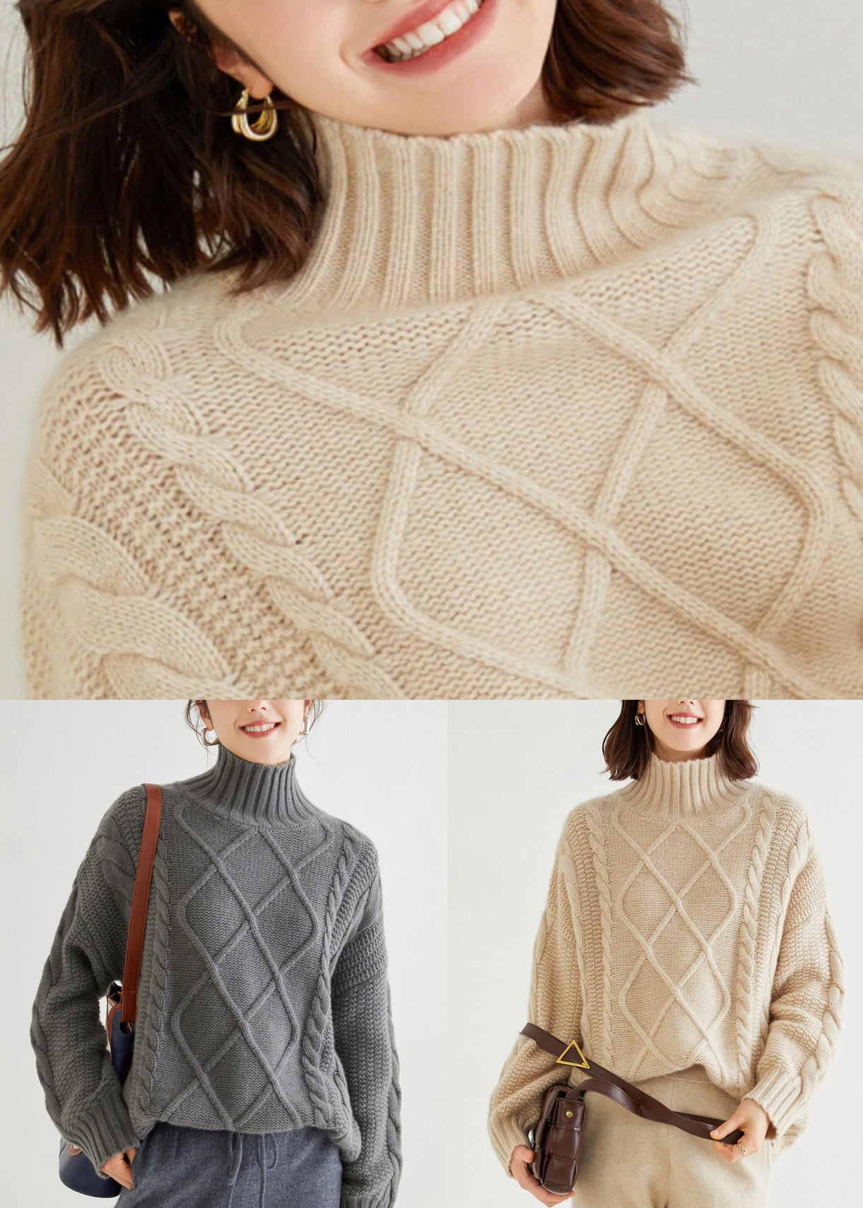 French Oatmeal Rollkragenpullover aus dickem Kaschmir mit Zopfmuster, Frühling, YW028