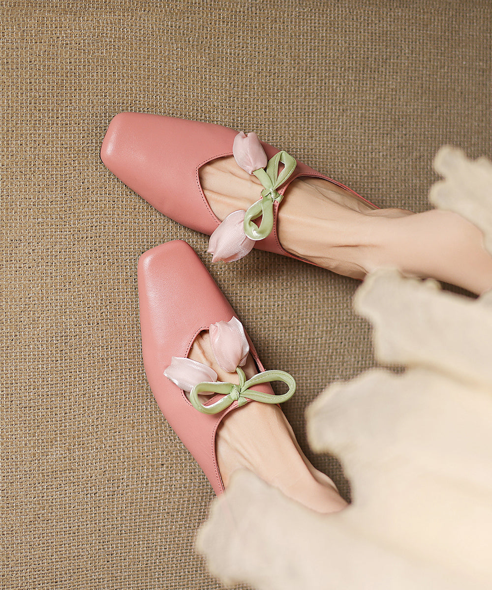 Leather Slide Cowhide Floral French Sandals Pink Splicing