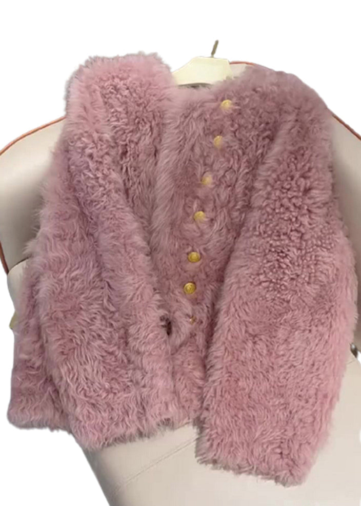 Französisch Rosa O-Ausschnitt Knopf Kunstpelz Mäntel Frühling TQ004
