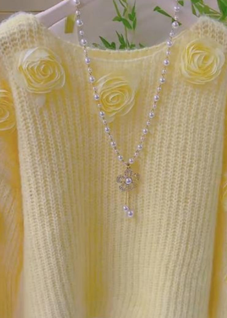 Französisch Rosa O Neck Floral Verziert Stricken Pullover Frühling YY017