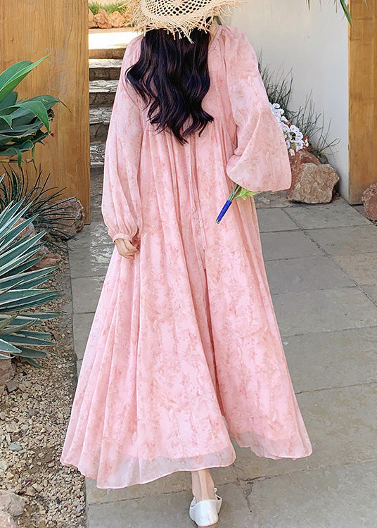 Long Up Summer French Dresses Neck O Wrinkled Lace Chiffon Pink
