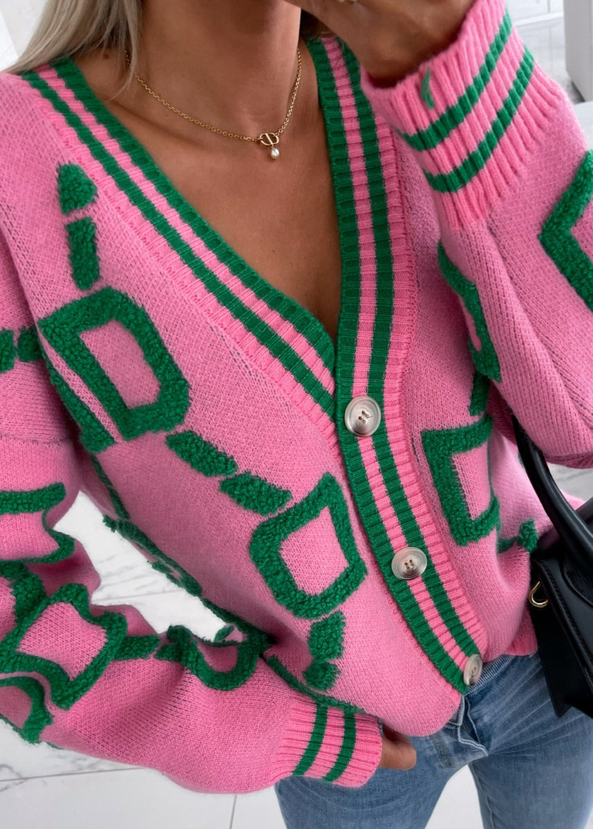 French Pink V-Ausschnitt Grafik bestickte Strickjacke Herbst QY021