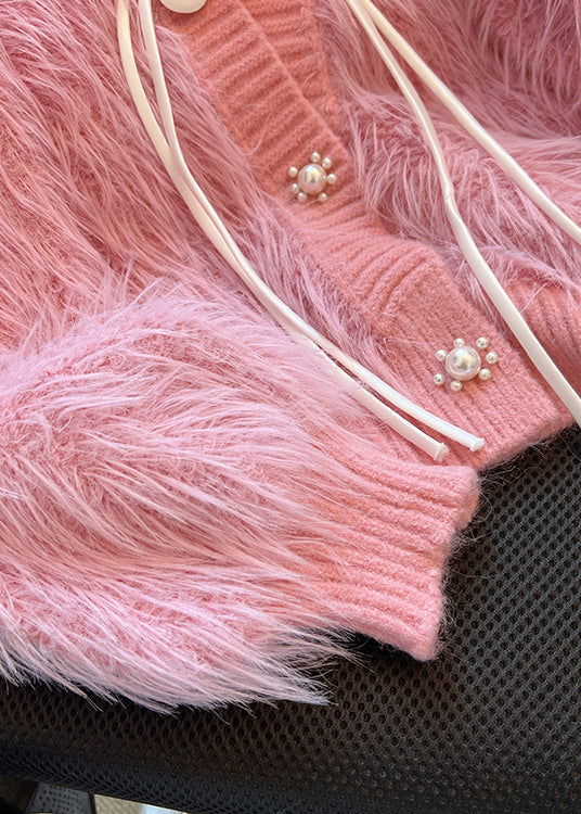Französische rosa V-Ausschnitt Quaste Nerz Haar Strickjacke Frühling TN005
