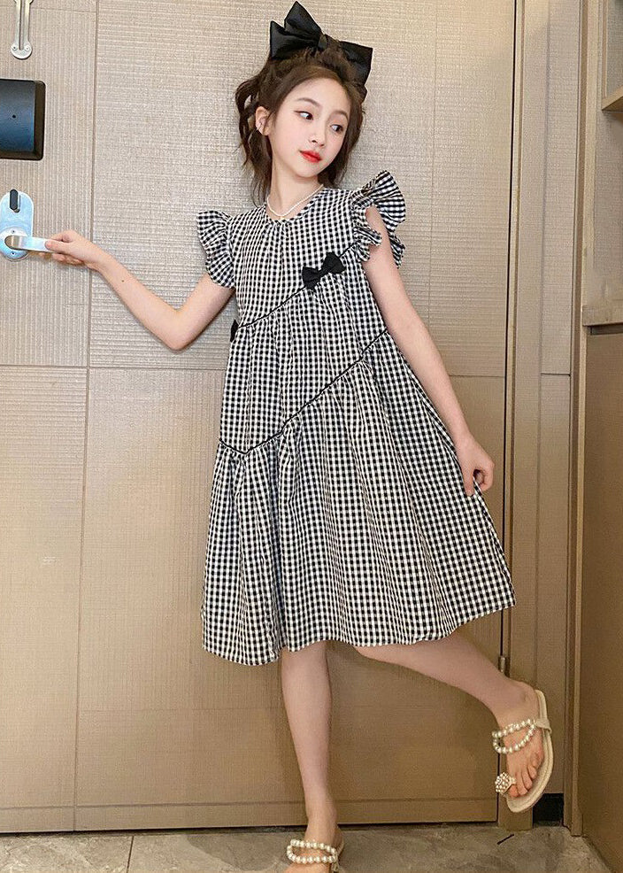 Robes d'été en coton patchwork à carreaux français et col rond pour filles TT005