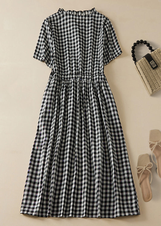 French Plaid Ruffled Lace Up Cotton Shirts Dresses Summer GG054