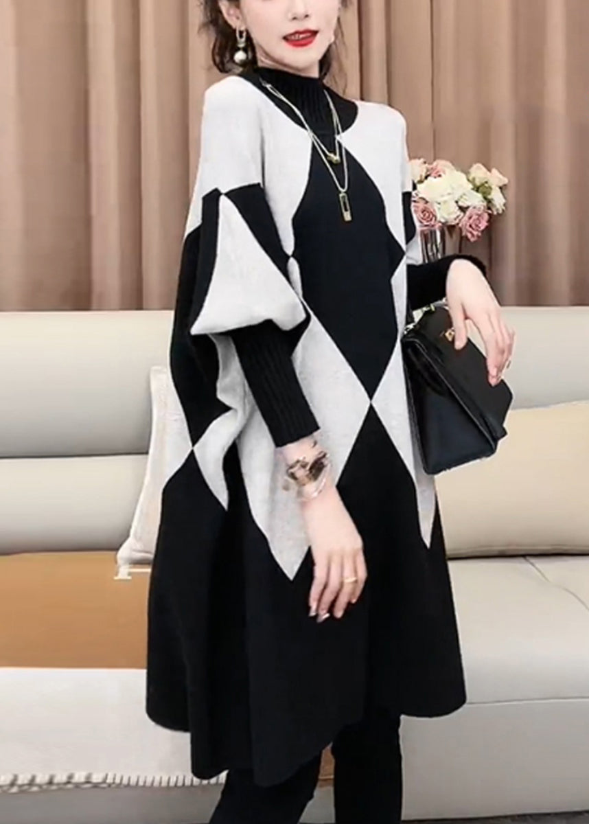 Französischer karierter Rollkragenpullover mit lockerem Strick und Fledermausärmeln RF026