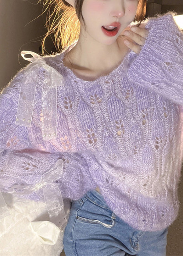 Französisch Lila O Neck Bogen Ma Hai Mao Gestrickte Pullover Herbst RL014